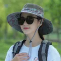 Women outdoor sun protection bucket hat wide brim camo mesh fishing hiking hat summer - Adjustable (55-59cm) / Red Blue