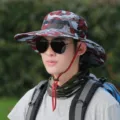 Men's camouflage wide brim bucket hat, breathable outdoor fishing sun protection cap. - Adjustable (55-60cm) / Wine Red Camouflage