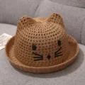 Cute brown crochet cat ear straw sun hat for baby toddlers summer daily outdoor wear. - One Size / Coffee Cat Ear Hat