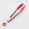 Stainless steel kitchen food tongs with pink silicone grip, perfect for cooking and salad. - Red Food Tongs
