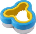 Stainless steel cookie cutter with blue plastic handle and yellow inner guard for baking. - Mouse