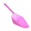 Pink plastic kitchen colander scoop with long handle and drainage holes for easy food use. - Pink