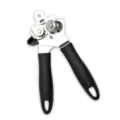 Abrelatas manual multifuncional de acero inoxidable con mango negro cómodo y seguro. - Caja de Color