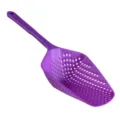 Purple plastic kitchen slotted spoon strainer scoop with long handle for draining food and ice. - Purple