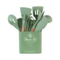 Groene siliconen keukengerei set met houten handvatten en handige opbergcontainer, 12 stuks. - 14-delige set / Avocadogroen