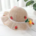 Girl summer straw sun hat with cute strawberry decor, wide brim beach hat for kids - Recommended Age: 3-7 Years + Cap Circumference: 52-54 cm / Khaki