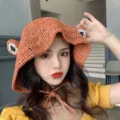 Summer cute orange frog bucket hat handmade woven sun protection beach fisherman hat for women - One Size (55-58cm) / Brick Red