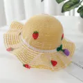 Cute girls straw sun hat with strawberry crochet, wide brim summer beach hat for toddlers. - Recommended Age: 3-7 Years + Cap Circumference: 52-54 cm / Yellow