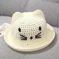 Cute summer baby sun hat with cat ears and embroidery, breathable straw material for kids. - One Size / Cream White Cat Ear Hat
