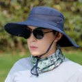 Men summer wide brim sun hat outdoor fishing hiking anti UV breathable protection hat - Adjustable (55-60cm) / Solid Color Arc Mesh Hat - Navy