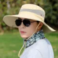 Men's Wide Brim Sun Hat Summer Outdoor Hiking Fishing Bucket Hat with Windproof Lanyard - Adjustable (55-60cm) / Solid Color Arc Mesh Hat - Khaki