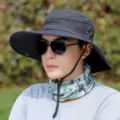 Men's dark grey wide brim sun hat with mesh and chin strap for outdoor fishing hiking. - Adjustable (55-60cm) / Solid Color Arc Mesh Hat - Black