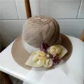 Cappello di paglia cavo estivo da donna con nastro di perle floreali, cappello da sole pieghevole. - Con Cordino Antivento / Kaki