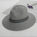 Chapeau de paille gris fedora homme pour ete soleil plage avec bande geometrique etancheite. - Taille Unique 56-58cm / Gris