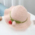 Rosa Spitzen Sonnenhut für kleine Mädchen, süßer Sommer Strohhut mit schönen Erdbeeren. - 2-5 Jahre (50-52 cm) + Einheitsgröße / Rosa