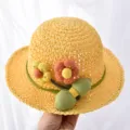 Süßer Kinder gelber Strohhut Sommer Sonnenhut geflochtene Strandmütze für Jungen und Mädchen - 1-5 Jahre (48-52 cm) & Einheitsgröße (mit Windschutzseil) / Gelb