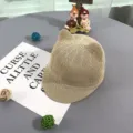 Kids beige straw sun hat with cute cat ear design, perfect for summer outdoor daily wear. - Off White