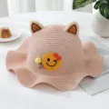 Cute toddler straw hat with cat ears and smiley face patch, perfect for summer sun protection. - Reference: 1-4 Years Old + Reference: 50-52cm / Pink