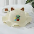 Cute baby summer straw hat with cat ears and frog patch, sun protection fisherman cap. - Reference: 1-4 Years Old + Reference: 50-52cm / White