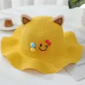 Cute kids straw hat with cat ears summer sun protection beach bucket hat in bright yellow - Reference: 1-4 Years Old + Reference: 50-52cm / Yellow