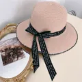 Sombrero de paja de verano playa plano tejido con cinta negra elegante para mujer - Talla única / Rosa