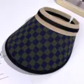 Femme Été Chapeau Visière Carré Vide Top Large Bord Tricoté Plage Casquette Bleu Vert - Carreaux bleu marine et vert armée