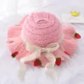 Kids summer sun hat cute pink straw hat breathable baby beach cap with sweet strawberry decor - Ages 1-3 Years (48-50cm) + One Size (with Windproof Cord) / Pink (Strawberry Straw Hat with Tulle)