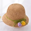 Schattige strohoed voor baby's, ademende zomer zonnehoed met groen lint en fruit. - 1-5 jaar (48-52 cm) + één maat (verstelbaar trekkoord) / koffiekleur