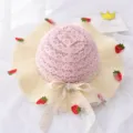 Kids Summer Straw Hat Cute Baby Sun Hat Toddler Beach Cap with Cute Strawberry Lace - Ages 1-3 Years (48-50cm) + One Size (with Windproof Cord) / Light Pink (Strawberry Straw Hat with Tulle)