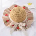 Cute kids straw hat with lace bow, mesh tulle and sweet strawberry decorations for summer sun. - Ages 1-3 Years (48-50cm) + One Size (with Windproof Cord) / Khaki (Tulle Veiled Strawberry Straw Hat)