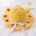 Kids cute yellow straw sun hat with strawberry embroidery and lace bow for summer beach. - Ages 1-3 Years (48-50cm) + One Size (with Windproof Cord) / Yellow (Tulle Veiled Strawberry Straw Hat)