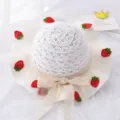 Cappello da sole estivo bambini carina fragola pizzo traspirante tesa larga spiaggia - Per 1-3 anni (48-50 cm) + Taglia unica (con cordino antivento) / Bianco (Cappello di paglia fragola con velo di tulle)