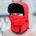 Winter windproof bomber hat with face mask, warm earflap trapper cap for outdoor riding skiing. - L(58-60cm) / Red