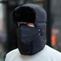 Winter black ushanka hat with face mask, windproof warm bomber hat for outdoor riding. - L(58-60cm) / Black