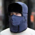 Winter windproof ushanka hat with face mask earflap thermal bomber cap for outdoor riding - L(58-60cm) / Navy Blue