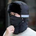 Winter black ushanka hat with mask, windproof outdoor thermal bomber hat for cycling and wear n - L(58-60cm) / Reflective Black