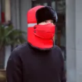 Winter windproof ushanka hat with face mask for outdoor cycling, warm bomber hat for cold weather. - L(58-60cm) / Red Reflective