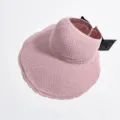 Women's summer empty top sun hat pink woven beach visor with black bow UV protection. - Pink