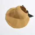 Women summer straw sun visor hat with black bow, breathable wide brim empty top foldable hat. - Yellow