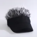 Black flare hair visor cap with grey faux hair top, funny novelty sun hat for men and women. - Adjustable (Adult Version 55-59 cm) / Black (Gray & White Hair Baseball Cap)