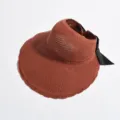 Women summer sun visor empty top hat terracotta brown woven straw hat with black bow ribbon - Burgundy