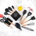 Silicone kitchen utensil set with wooden handles and storage holder 14-piece cooking tools - 14 Piece Set / Black