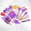 Silicone Kitchen Utensil Set Wooden Handle Cooking Tools 14Pcs with Storage Holder - 14 Piece Set / Purple