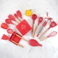 Red silicone kitchen utensil set with wooden handles 14 pieces cooking tools storage bucket - 14 Piece Set / Red