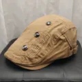 Retro khaki flat cap for men and women, featuring metallic buttons and stylish letter embroidery. - Adult Adjustable Circumference (56-59cm) / Dark Khaki