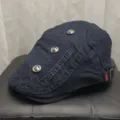 Navy blue cotton flat cap for men and women, vintage beret with metal rivets and stylish embroidery. - Adult Adjustable Circumference (56-59cm) / Navy Blue