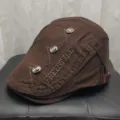 Brown vintage flat cap for men women, retro newsboy hat with embroidered letters and metal buttons. - Adult Adjustable Circumference (56-59cm) / Dark Coffee