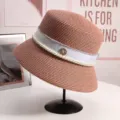 Women summer elegant straw bucket hat with pearls rhinestone M logo retro sun hat basin hat - M(56-58CM) Adjustable / Dusty Pink
