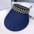 Damen Sommer Stroh Visier Hut schick schwarz weiss kariert leerer Top Sonnenschutz Mappe - M (56-58cm) / Marineblau