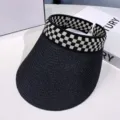Damen Sommer Stroh Sonnenblende Hut, leerer Oberteil karierter gewebter Strandhut Freizeit - M (56-58cm) / Schwarz